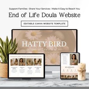Modèle de site web pour accompagnatrice en fin de vie, Modèle Canva pour activité d'accompagnement en fin de vie, Modèle marketing pour accompagnatrice, Conception de page d'accueil P1