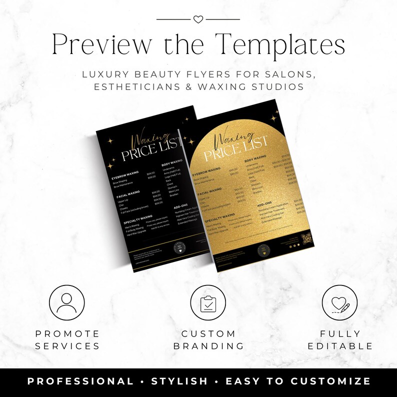 May include: Two rectangular flyers titled Waxing Price List with black and gold color schemes. The text includes categories for eyebrow, facial, and body waxing services, plus add-ons. The flyers feature star accents and a QR code at the bottom.