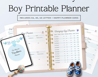 May include: A printable newborn baby boy planner set featuring a light pink binder with gold rings, a tablet displaying The Ultimate Newborn Planner, and baby shoes. Text includes Newborn Baby Boy Printable Planner and Changing Log Tracker.