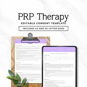 May include: A clipboard with a purple document and a tablet displaying a PRP Therapy consent form. The text "PRP Therapy" is at the top, with "Editable Consent Template" and "Includes A4 and US Letter Sizes" below it. Green leaves are in the lower left corner.