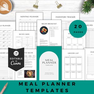 de planificateur de repas pour coach en nutrition | Agenda bien-être Canva modifiable avec des recettes, des listes de courses, des idées d'en-cas et des pages de suivi des clients PDF