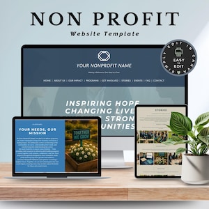 May include: A website template design for non-profit organizations, displayed on a desktop computer, tablet, and laptop. The design features a blue and white color scheme with the text "NON PROFIT Website Template". The design includes the text "YOUR NONPROFIT NAME".