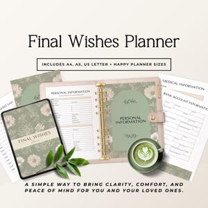 May include: A Final Wishes Planner set featuring a ring-bound organizer with a sage green floral pattern, loose-leaf pages for personal, medical, and bank information, and a tablet display. Text includes Final Wishes Planner and Includes A4, A5, US Letter + Happy Planner Sizes.