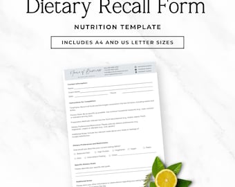 Nutrition Assessment Form | Dietary Recall Form | Editable Canva Template | Nutrition Coach Intake | Printable PDF | A4 & US Letter, Sprint