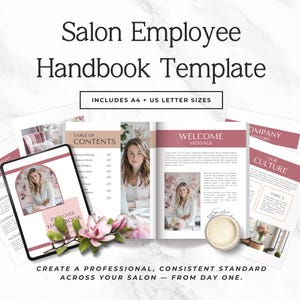 May include: A digital salon employee handbook template featuring a tablet and printed pages with pink and white layouts, floral accents, and text including Salon Employee Handbook Template, Includes A4 + US Letter Sizes, and Welcome Message.