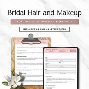 May include: A bridal hair and makeup contract template featuring a pink header, black text, and form fields for client and artist details. The document includes sections for event information, services, and terms, available in A4 and US letter sizes.