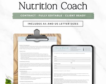 Plantilla de contrato de entrenador nutricional / Acuerdo de cliente de coaching / Formulario editable de Canva / Contrato de entrenador de salud / A4 y Carta estadounidense, Sprint
