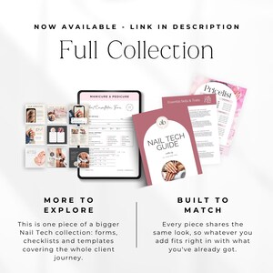 May include: A digital collection of nail technician business templates including a consultation form on a tablet, a Nail Tech Guide, and a pricelist. The text reads NOW AVAILABLE - LINK IN DESCRIPTION, Full Collection, MORE TO EXPLORE, and BUILT TO MATCH.