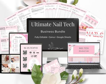 May include: A digital business bundle for nail technicians displayed on a computer monitor and laptop screen, featuring various printable forms, a scan-to-pay sign, and loyalty cards with pink floral accents and the text Ultimate Nail Tech Business Bundle.