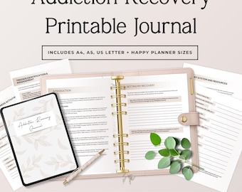 May include: Addiction Recovery Printable Journal with text including A4, A5, US Letter, and Happy Planner sizes. The image displays a light pink binder with gold rings, a matching pen, and loose-leaf pages featuring recovery-themed templates.