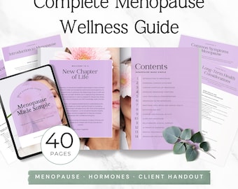 Può includere: Una guida al benessere per la menopausa di 40 pagine con un tablet che mostra la copertina intitolata Menopause Made Simple, insieme a pagine aperte che mostrano un indice, titoli dei capitoli e testo, decorata con un piccolo rametto di eucalipto verde.