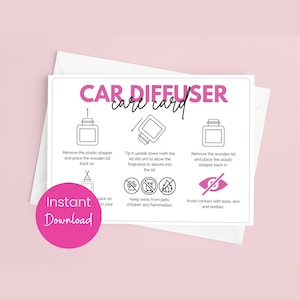 Cartão de cuidados com difusor de carro Instruções para purificador de ar para impressão | Guia de cuidados com purificador de ar para carro | Encarte de embalagem para pequenas empresas para pedidos de clientes