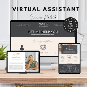 Può includere: Un mockup di un sito web per un'assistente virtuale. Il sito web è progettato in Canva e presenta un design professionale con uno schema di colori bianco e nero. Il sito web include sezioni per chi siamo, servizi, pacchetti e una call to action per "Lasciami aiutarti".