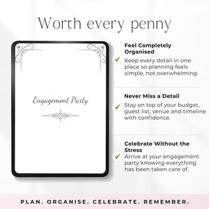 K&ouml;nnte beinhalten: Ein digitales Tablet mit einer Benutzeroberfl&auml;che zur Planung einer Verlobungsfeier und dem Text Worth every penny oben. Der Bildschirm zeigt Abschnitte mit den Titeln Feel Completely Organised, Never Miss a Detail und Celebrate Without the Stress.
