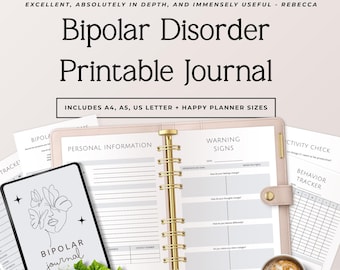 May include: A Bipolar Disorder printable journal set featuring a light pink binder with gold rings, open to a personal information and warning signs page. Includes A4, A5, US Letter, and Happy Planner sizes, with a cover page showing a line art face.
