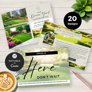 Bewerkbare hovenier ansichtkaartsjablonen voor canvas, marketingkaarten voor gazononderhoud, hoveniersflyers, promobundel voor kleine bedrijven