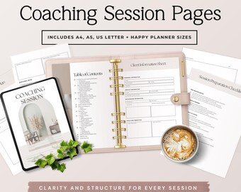 Afdrukbare pdf-coachsessieplanner, organisator klantsessie voor life coaches, pagina's sessieplanning en coachingwerkbladen P2