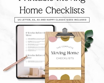 May include: Printable moving home checklists with text reading US LETTER, A4, A5 AND HAPPY CLASSIC SIZES INCLUDED. A tablet displays an 8 weeks before the move list, next to a wooden clipboard with a cover page titled THE COMPLETE MOVING HOME CHECKLISTS.