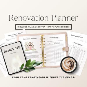 Afdrukbare huisrenovatieplanner, planner voor woningrenovatie met checklists en budgetsjablonen, planningsmap voor renovatieproject P2