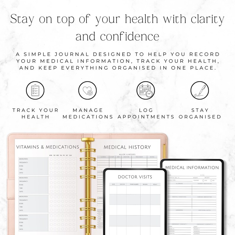 medical history and symptom tracker printable journal
health log book for doctor visits and prescriptions
