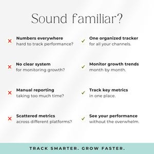 May include: White background with the text "Sound familiar?" and bullet points. Red X marks problems like "Numbers everywhere" and "Scattered metrics." Green check marks highlight solutions such as "One organized tracker" and "Track key metrics." The bottom reads "TRACK SMARTER. GROW FASTER."