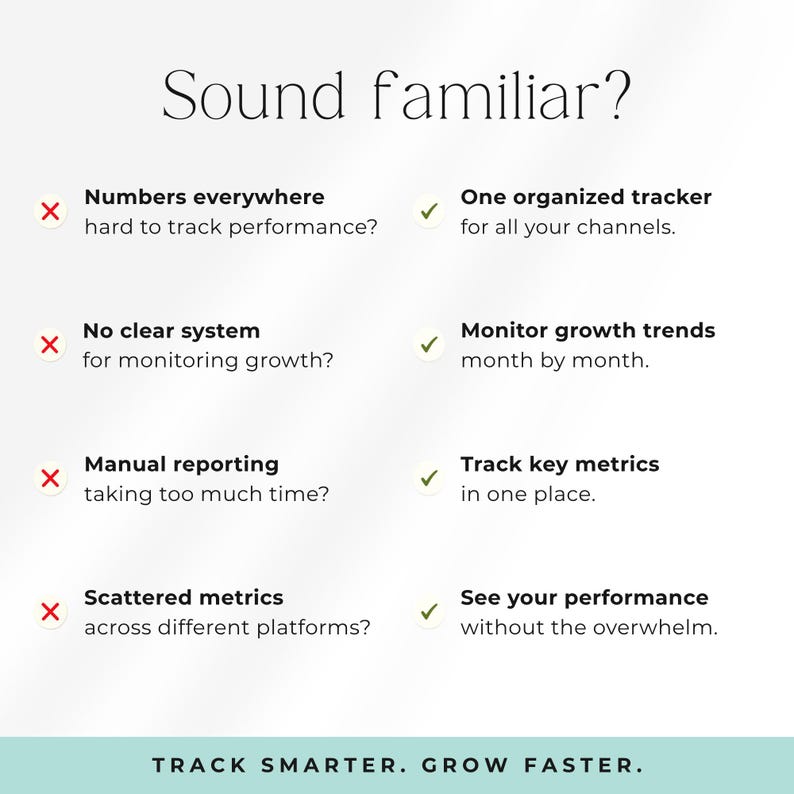 May include: White background with the text "Sound familiar?" and bullet points. Red X marks problems like "Numbers everywhere" and "Scattered metrics." Green check marks highlight solutions such as "One organized tracker" and "Track key metrics." The bottom reads "TRACK SMARTER. GROW FASTER."
