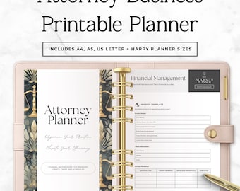 May include: A light pink ring-bound planner open to a financial management page with an invoice template. The text reads Attorney Business Printable Planner, Includes A4, A5, US Letter + Happy Planner Sizes, Attorney Planner, and Financial Management.