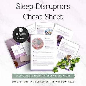 May include: A Sleep Disruptors Cheat Sheet document set featuring text, circular images, and a black circular badge that reads Editable in Canva. The pages include information on sleep habits, meal timing, and stress, with green ivy leaves at the bottom.