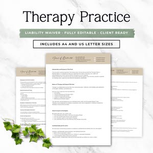 May include: A set of beige and white therapy forms with the text "Therapy Practice" at the top. The forms include the text "Liability Waiver, Fully Editable, Client Ready" and "Includes A4 and US Letter Sizes."