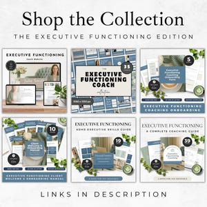 Pu&ograve; includere: Immagine promozionale per la collezione "Executive Functioning". L'immagine presenta vari prodotti digitali, tra cui un sito web, guide di coaching e materiali di onboarding. &Egrave; visibile anche il testo "Shop the Collection" e "Links in Description".