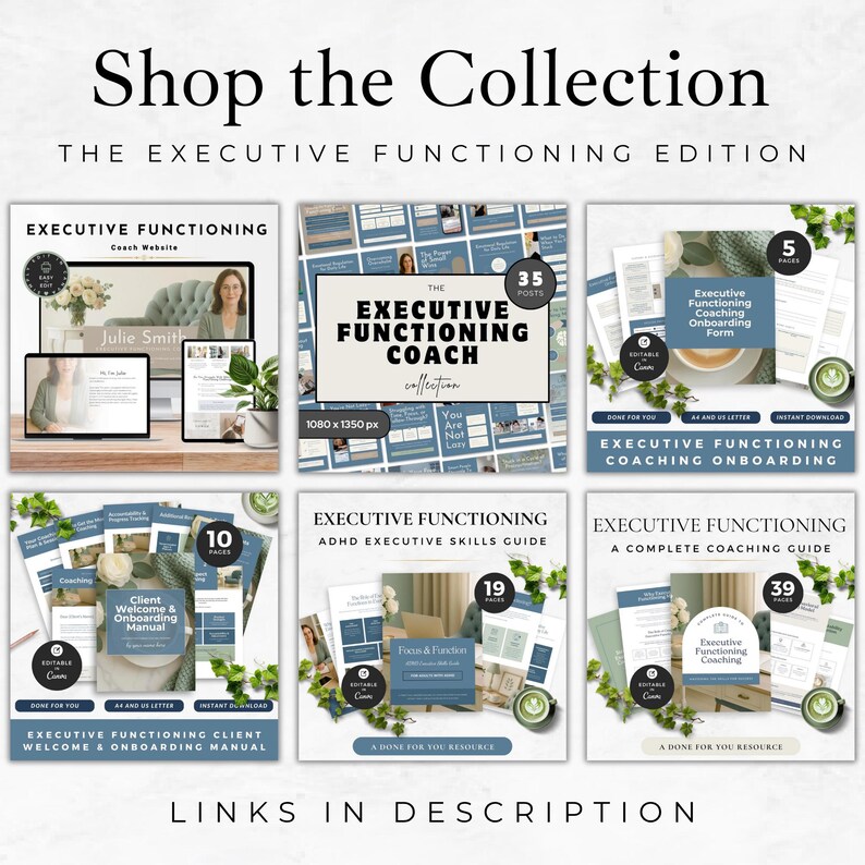 Pu&ograve; includere: Immagine promozionale per la collezione "Executive Functioning". L'immagine presenta vari prodotti digitali, tra cui un sito web, guide di coaching e materiali di onboarding. &Egrave; visibile anche il testo "Shop the Collection" e "Links in Description".