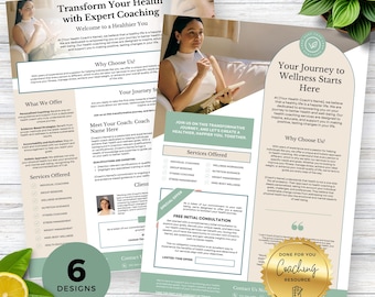 Plantilla de folleto para entrenador de salud, editable, material promocional para entrenador de bienestar, paquete de marketing para entrenador de nutrición, paquete de Canva para coaching, fase 4
