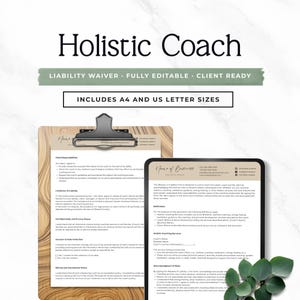 Può includere: Un portablocco e un documento con il testo "Holistic Coach" e "Liability Waiver". Il documento include il testo "Includes A4 and US Letter Sizes". I documenti sono su una superficie di legno.