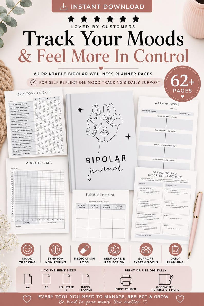 K&ouml;nnte beinhalten: Ein digitales Wellness-Planer-Set mit 62 druckbaren Seiten zur Stimmungs- und Symptomverfolgung. Das Set enth&auml;lt ein Journal-Cover mit Schmetterlings-Linienkunst, verschiedene Tracking-Tabellen und Arbeitsbl&auml;tter zur t&auml;glichen Reflexion.