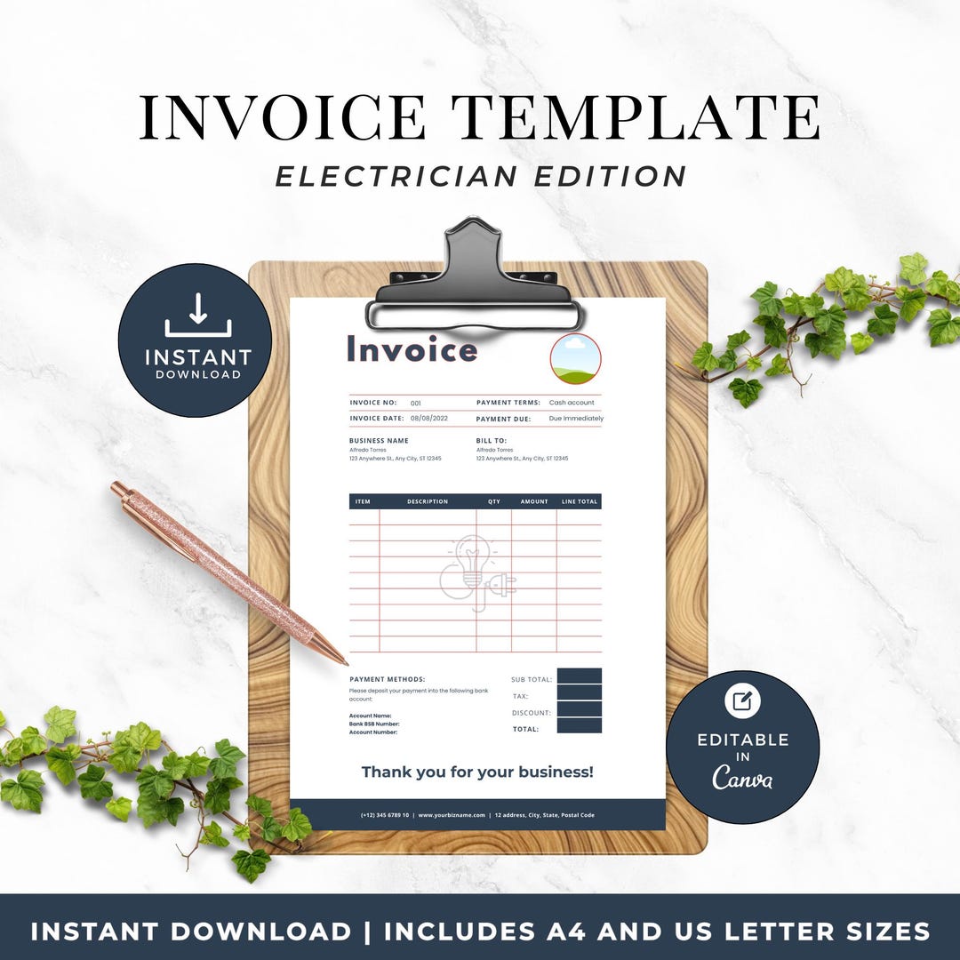 Electrician Invoice Template, Editable Estimate, Contractor Forms, Job ...