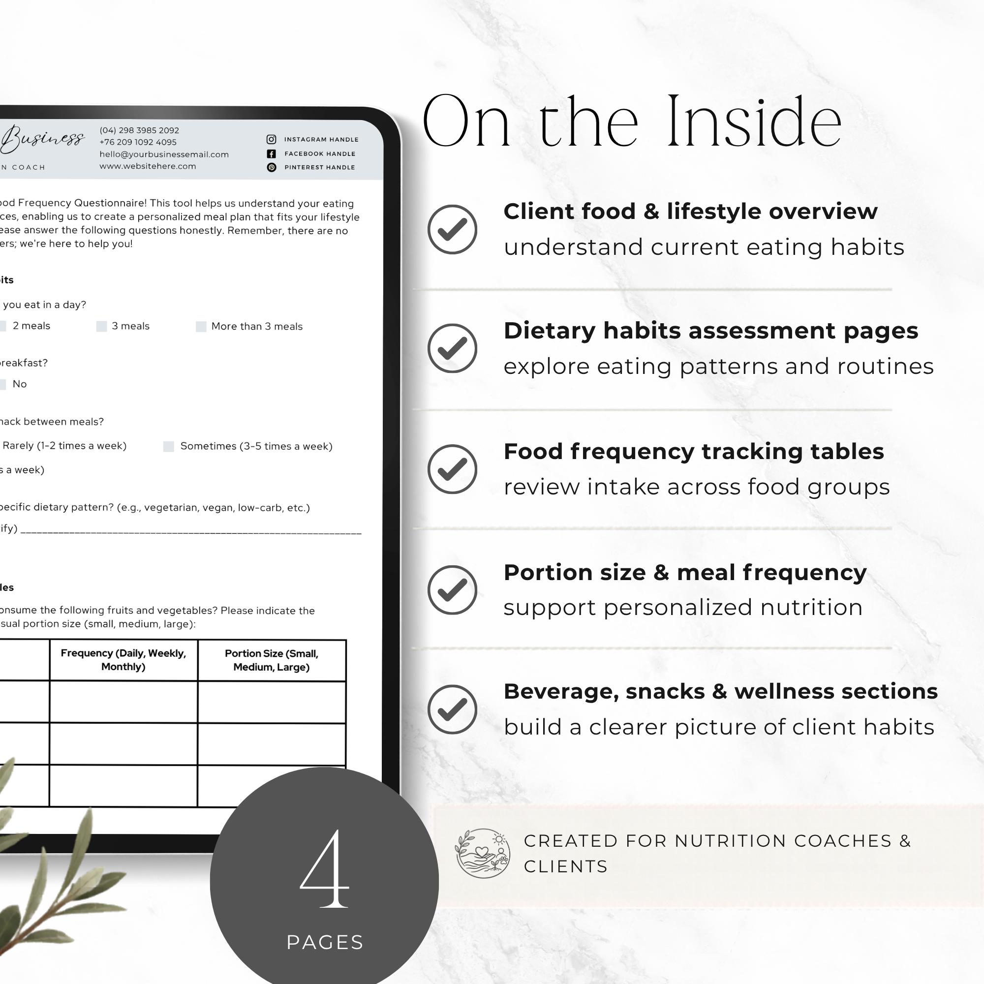 Nutrition Intake Form Template, Food Frequency Questionnaire, Editable ...