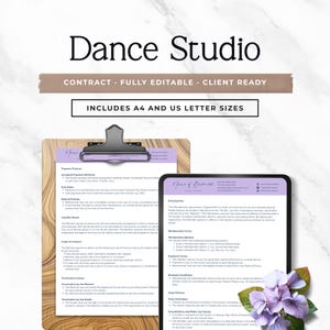 Op de afbeelding: Een digitaal contractsjabloon voor een dansstudio met een klembord met een document en een tablet die dezelfde tekst weergeeft. Het document bevat secties voor betalingsbeleid, aansprakelijkheid en lidmaatschapsvoorwaarden in A4-formaat.