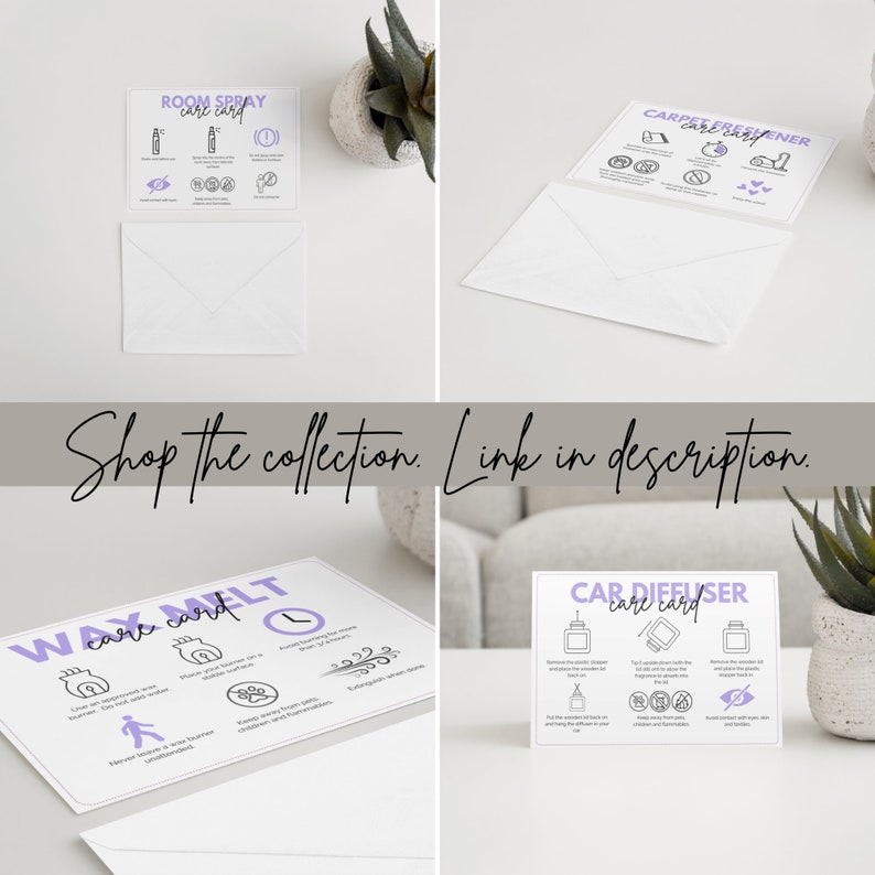 May include: Four printable care cards for home and car products. The cards are white with purple text and icons. The cards are for room spray, carpet freshener, wax melt, and car diffuser. The text on the cards says "care card".