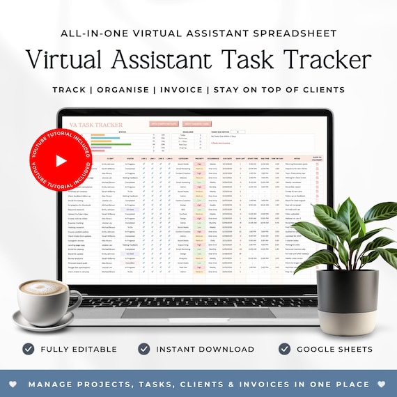 Virtual Assistant Dashboard | Client CRM Google Sheets | Task & Project Tracker | Invoice Tracker | VA Workflow Template | Digital Download