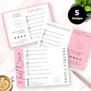 Cartão de cuidados com as unhas editável | Instruções de cuidados posteriores com a manicure | Encarte para cliente de técnica de unhas | Embalagem para salão de beleza para impressão | Download instantâneo
