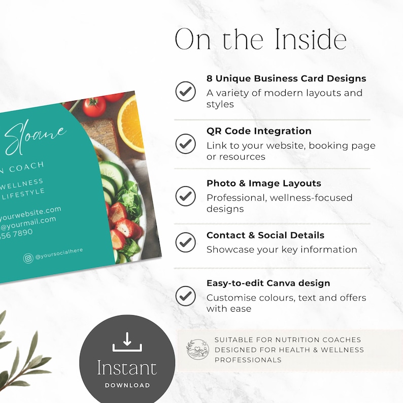 Puede incluir: Una plantilla digital de tarjeta de presentaci&oacute;n con una superposici&oacute;n gr&aacute;fica verde azulado sobre una fotograf&iacute;a de comida. El texto incluye On the Inside, 8 Unique Business Card Designs, QR Code Integration, Photo & Image Layouts, Contact & Social Details y Easy-to-edit Canva design. Un icono circular gris oscuro muestra el texto Instant Download.