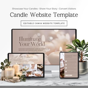 Puede incluir: Una plantilla de sitio web para velas mostrada en un monitor de computadora y una pantalla de tableta. Las pantallas muestran texto que incluye "Illuminate Your World", "Our Products" y "Frequently Asked Questions" junto a imágenes de velas.