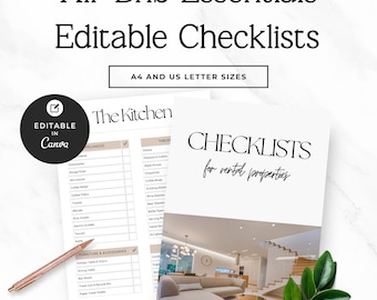 May include: Air Bnb Essentials Editable Checklists with A4 and US letter sizes. The document features a kitchen inventory list and a cover page with a photo of a living room. A rose gold pen and green leaves are placed next to the printed pages.