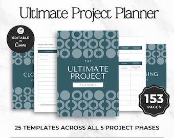 May include: A digital project planner with 153 pages and 25 templates across 5 phases. The cover features a teal background with a repeating circular pattern and the text "THE ULTIMATE PROJECT PLANNER". Includes editable Canva files for A4 and US Letter sizes.