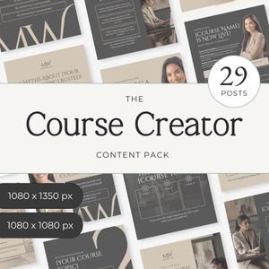 May include: A promotional image for "The Course Creator" content pack. The image features a collection of digital marketing materials, including templates and graphics. The design incorporates a neutral color palette with text and images, and includes the text "29 Posts".