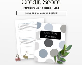 May include: A white and gray polka-dotted notebook titled "Credit Score Checklists" with a black label. The image includes a checklist, paper clips, and text that reads "Credit Score Improvement Checklist" and "Simple Steps to Improve Your Credit."