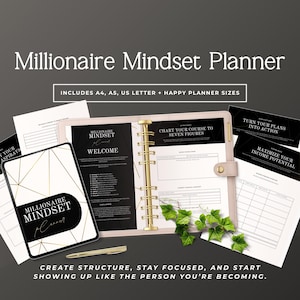 May include: A planner with the text "Millionaire Mindset Planner" in a stylish font. The planner includes A4, A5, US Letter, and Happy Planner sizes. The image also shows a pen and the text "Create structure, stay focused, and start showing up like the person you're becoming."