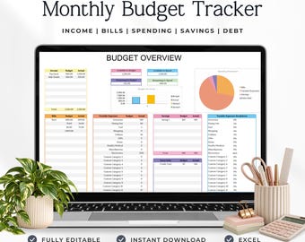 Könnte beinhalten: Ein digitaler monatlicher Budget-Tracker auf einem Laptop-Bildschirm mit Tabellen für Einnahmen, Rechnungen und Ausgaben, einem Kreisdiagramm und Balkendiagrammen. Der Text lautet: SEE EXACTLY WHERE YOUR MONEY GOES, Monthly Budget Tracker, INCOME | BILLS | SPENDING | SAVINGS | DEBT.