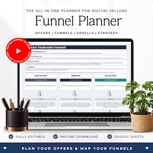 May include: A laptop displaying the Funnel Planner digital worksheet with sections for Before Big Picture, Turning Point, and After Big Picture. A black pen holder with pens and a small potted plant sit on either side of the laptop screen.