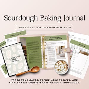 Può includere: Un diario di panificazione al lievito madre rosa chiaro con il testo "Sourdough Baking Journal" e "Includes A4, A5, US LETTER + HAPPY PLANNER SIZES". Il diario include una ricetta, un registro di avviamento e un tablet.